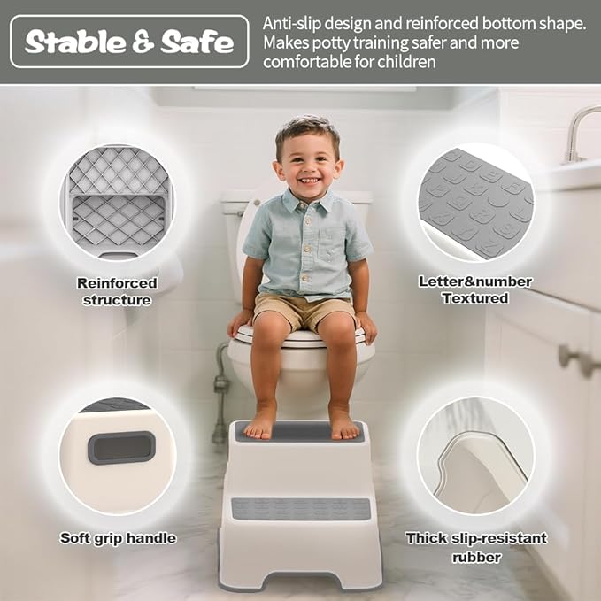 Toddler Step Stool for Bathroom Sink, 2 Pack Step Stool for Kids, Plastic Potty Training Toilet Stepping Stools, Child and Baby Lightweight&No-Slip Two Step Stools for Kitchen(Off-White/Gray)