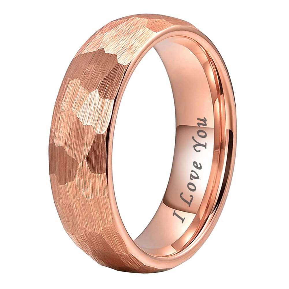 TUTISS 6mm Rose Gold Hammered Tungsten Rings for Men Women Engagement Wedding Bands Domed I Love You Engraved Comfort Fit Size 6