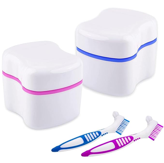BTwood Denture Bath Kit – Includes 2 Denture Bath Cups, 2 Denture Cleaner Brushes, and 2 Strainer Baskets – Ideal for Dentures, Retainers, and Mouthguards
