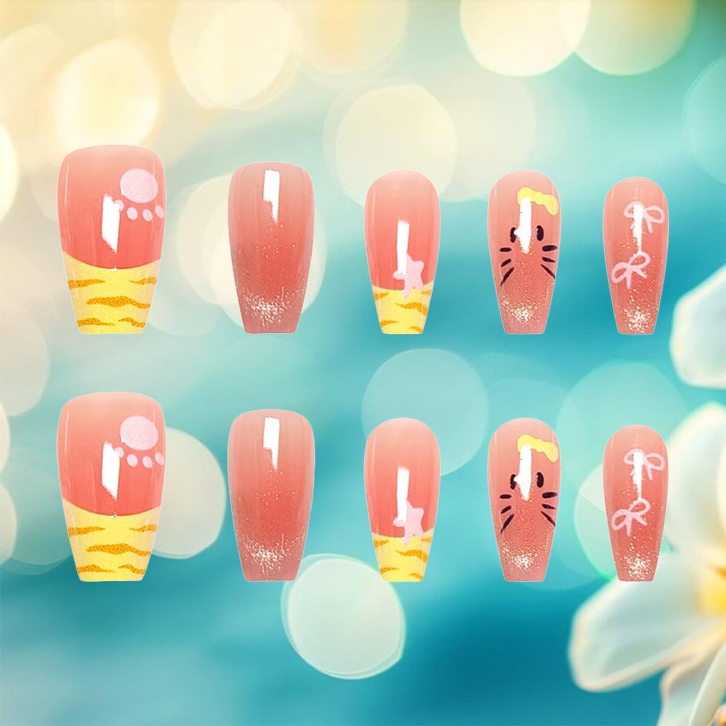 24Pcs Cat Face Press on Nails French Tips Acrylic Full Cover Fake Nails Cat Eye Gel Glue on Fingernails Glossy Yellow Bow Medium Coffin False Nail Stars Stick on Nail for Holiday Manicure Art