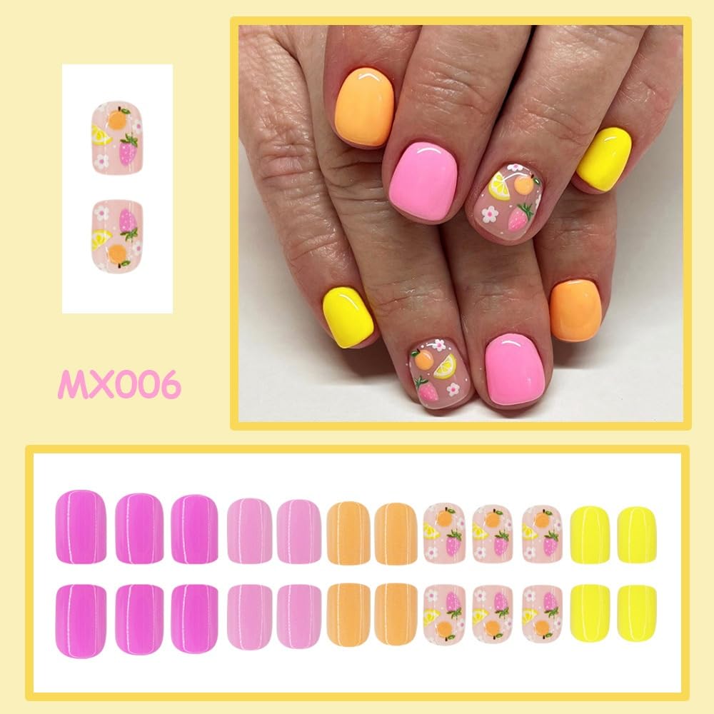 Pink Press on Nails Short Square Fake Nails with Flower Fruits Design Glossy Yellow Glue on Nails Orange Nails Press ons Reusable Full Cover Spring Summer Acrylic Nails for Women Manicure 24Pcs