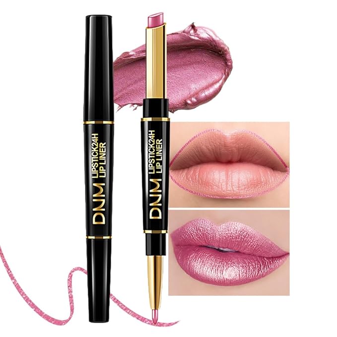 evpct 1Pcs Rose Pink Metallic Shine Shimmer Lip Liner and Lipstick Combo Set Kit for Women, Lightweight Hydrating Formula High Impact Full Coverage Lipstick and Lip Liner Makeup Stains Gloss, 21#