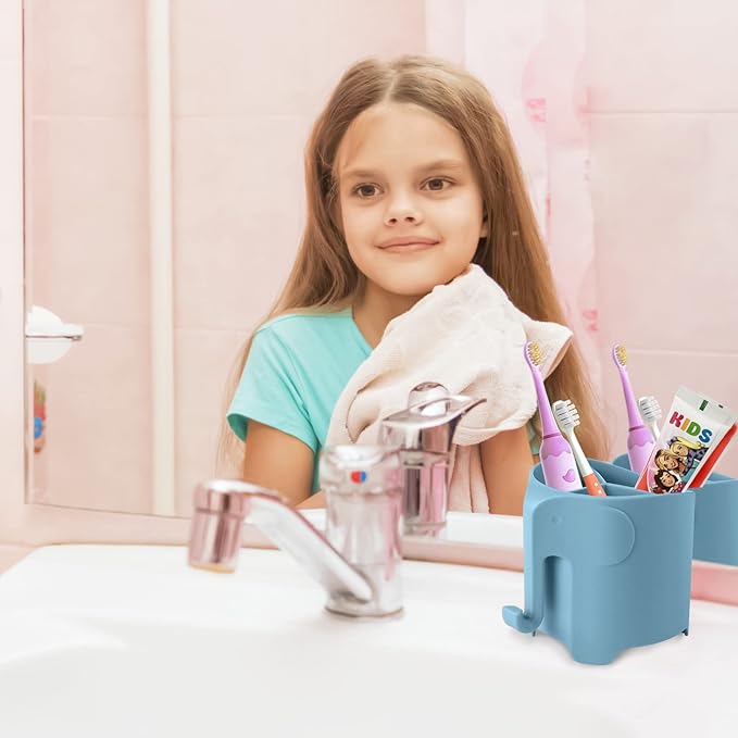 RyanLemon Elephant Toothbrush Holder for Toddler, Suction Cup Cute Toothbrush Holder for Kids, for Bathroom, with 3 Slots and 1 Hook, Blue