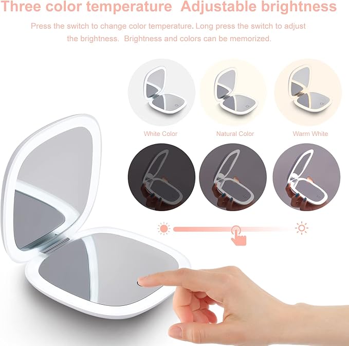 Mocado Compact LED Magnifying Travel Makeup-Mirror - 4 inches 1X/10X Magnification Small Hand Pocket Dimmable Double Sided USB Rechargeable Touch Screen, Portable Tabletop Cosmetic (White)