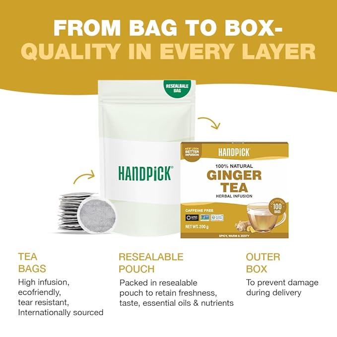 HANDPICK, Ginger Tea Bags (100 Herbal Tea Bags), Authentic Indian Origin, Caffeine Free & 100% Pure Ginger Root |Soothing & Spicy Blend | Round Eco Conscious Teabags