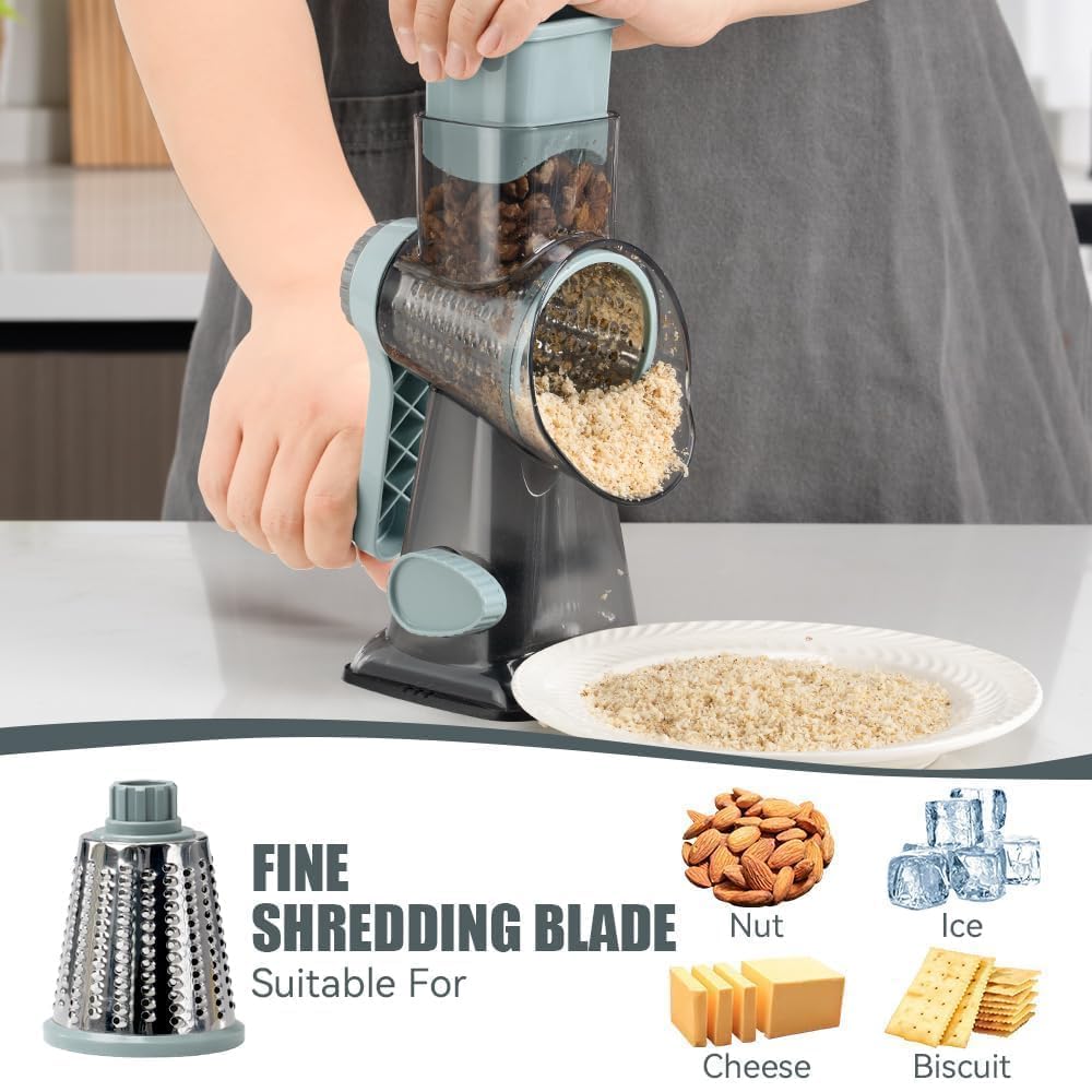 KEOUKE Rotary Cheese Grater Hand Crank Transparent - Shredder Slicer Grinder 3 Stainless Steel Blades, Stable Suction, Labor-Saving Handle, Safe Kitchen Tool for Cheese, Vegetable, Nuts, Chocolate