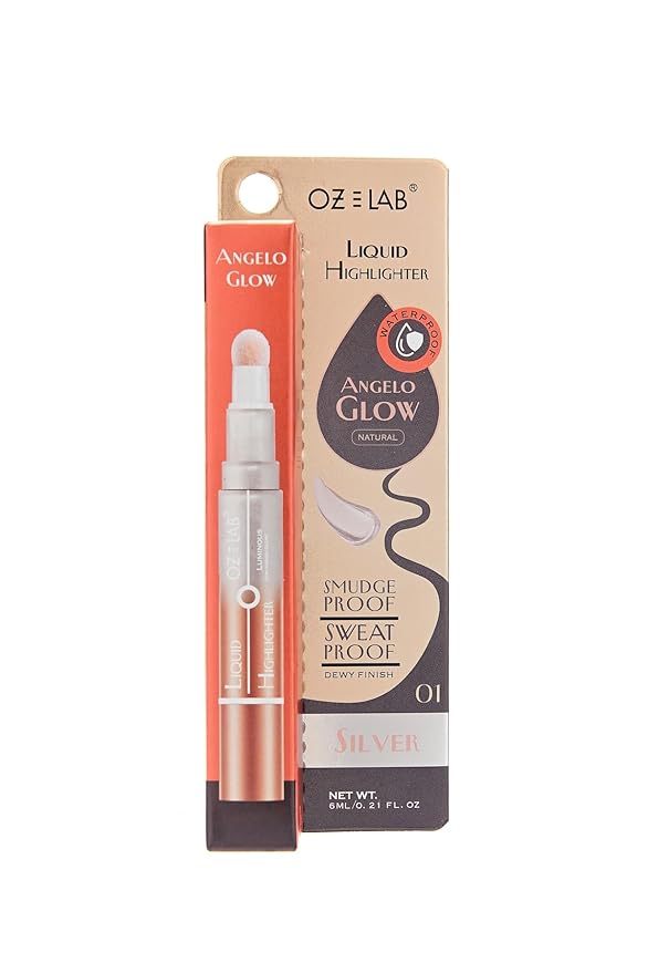 Angelo Glow Liquid Highlighter Wand Silver – Buildable Illuminating Makeup Stick for Face and Body – Radiant Finish – 6ML/0.21FL.OZ，PACK OF 1