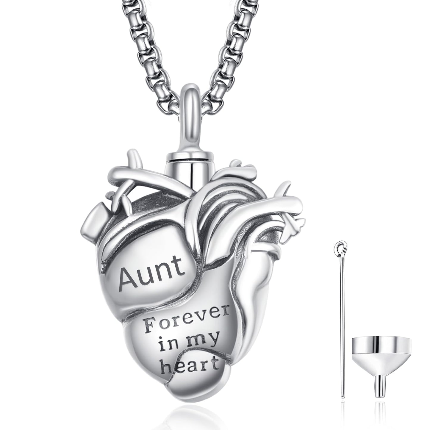 Anatomical Heart Urn Necklaces for Ashes Sterling Silver Ash Pendants Cremation Jewelry Aunt Keepsake Pendant Memorial Jewelry Gifts for Loss of Aunt
