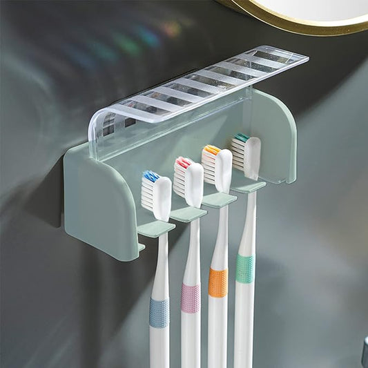 5 Slots Toothbrush Holder Wall Mount with Cover, Self Adhesive Toothbrushes Storage Organizer Perfect for Dorm Bathrooms and Shower, Holds 5 Toothbrushes. (Blue)