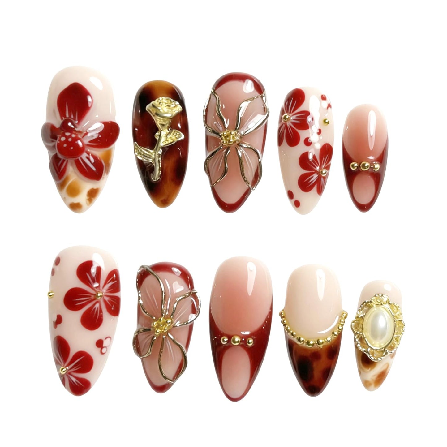 30Pcs Flower Press-On Nail Set Medium Almond Fake Nails with 3D Floral Rose Gold Beads Rhinestones Designs French Tip False Nails Handmade Press on Glue on Nails Gift for Women and Friends