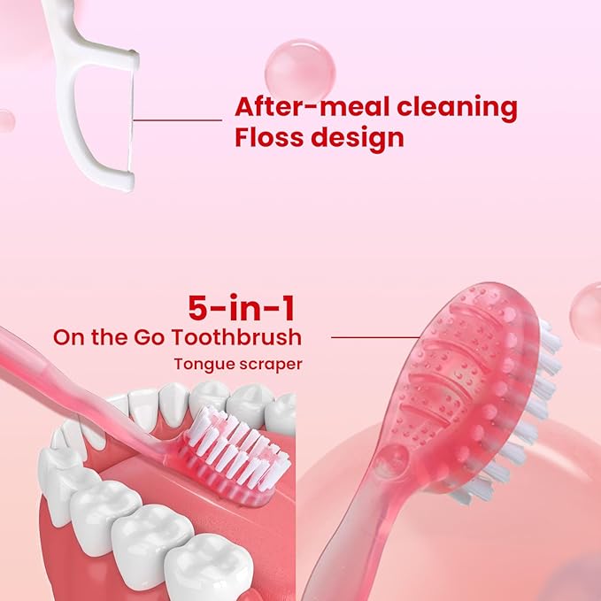 20Pack Mini Disposable Toothbrushes 5-in-1 Portable Pre-Pasted Travel Toothbrush with Toothpaste+Tongue Scraper+Floss+Pick Individually Wrapped Small Prepasted Travel Toothbrush for Kids Adult