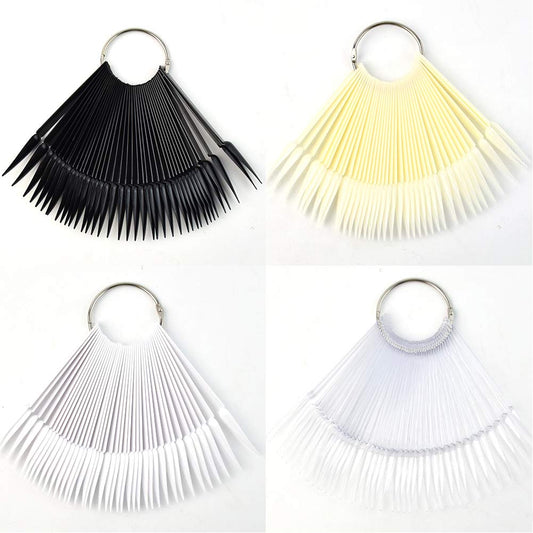 QIMYAR 160 Pcs False Nail Sticks - Fan Shaped Swatch Sticks, Display Board, Transparent, Black, Natural, Milky Colors, Stiletto Tips