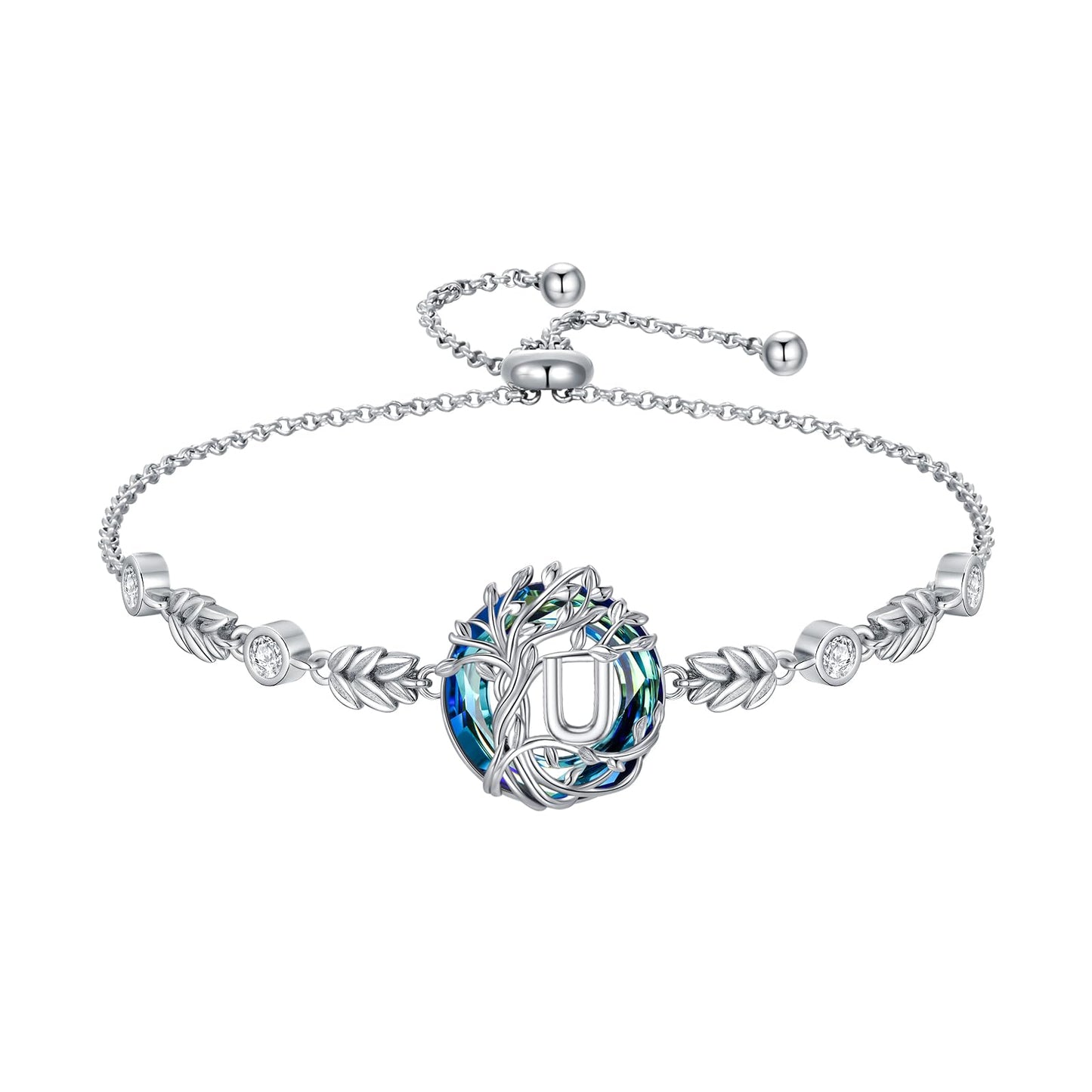 TOUPOP Tree of Life Initial Bracelet Sterling Silver Initials U Letter Link Bracelets Blue Circle Crystal Family Tree Birthday Mothers Day Jewelry Gifts for Women Mom Wife