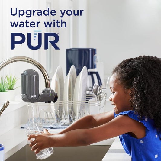 PUR Plus Vertical Faucet-Mount Water Filtration System, Lead-Reducing Filter, Easy Installation, 100-Gallon Capacity, Compatible with External Aerators, Grey