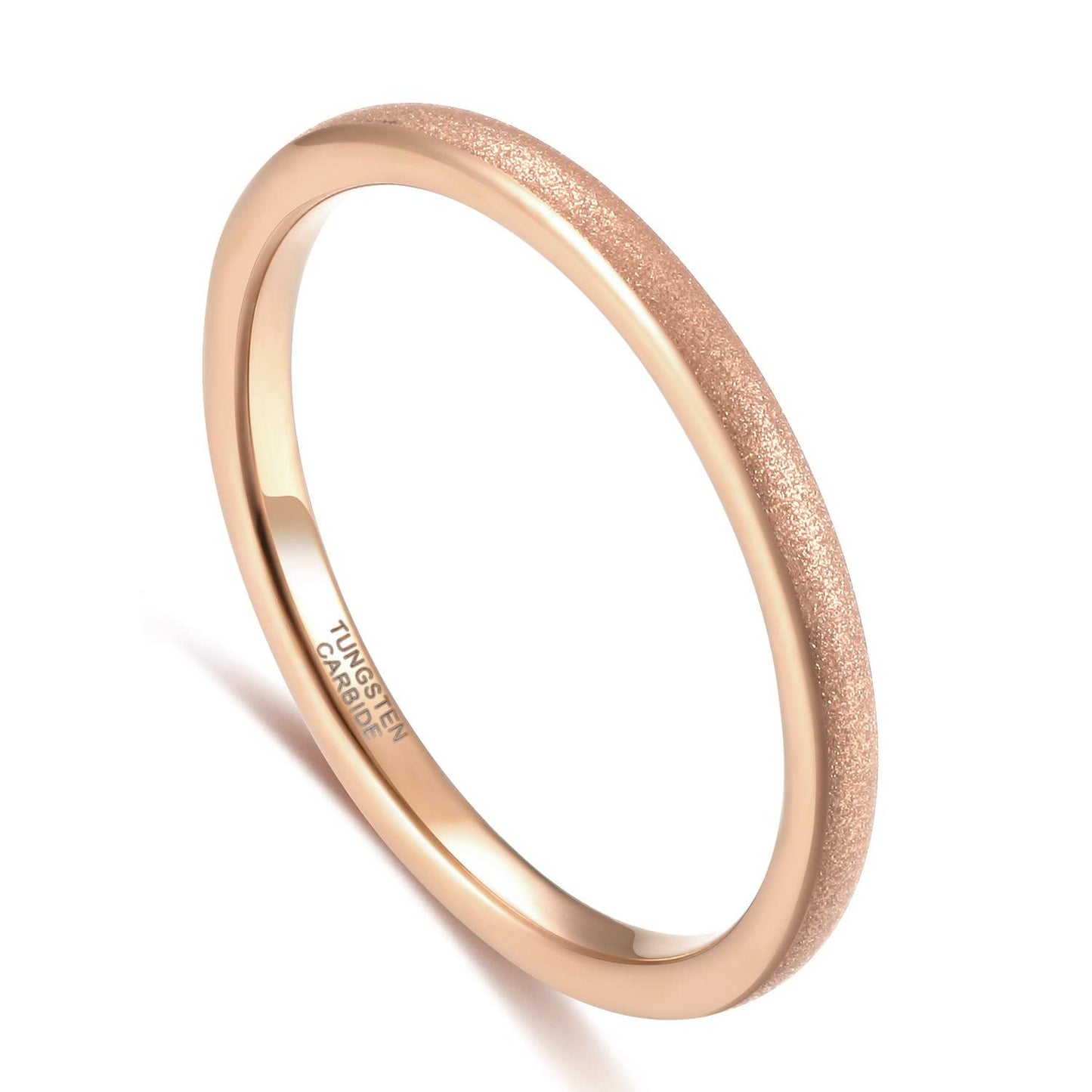 Greenpod 2mm Thin Rose Gold Plated Tungsten Ring for Women Dome Sandblasted Stackable Wedding Bands Comfort Fit Size 4.5