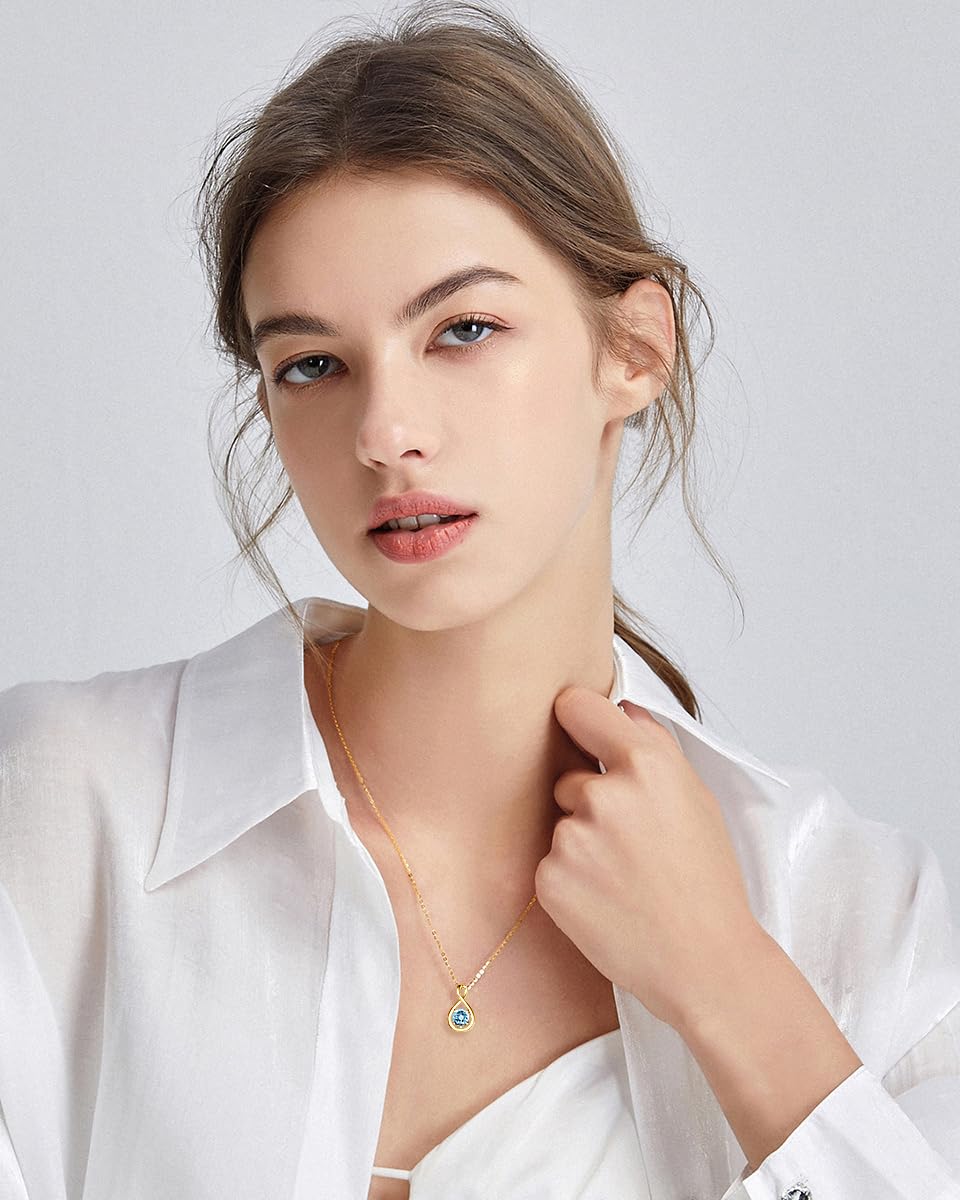 FANCIME Aquamarine Necklace March Birthstone for Women Yellow Gold Plated Sterling Silver Infinity Pendant Blue Gemstone Fine Jewelry Birthday Mothers Day Gifts for Mom Her Daughter