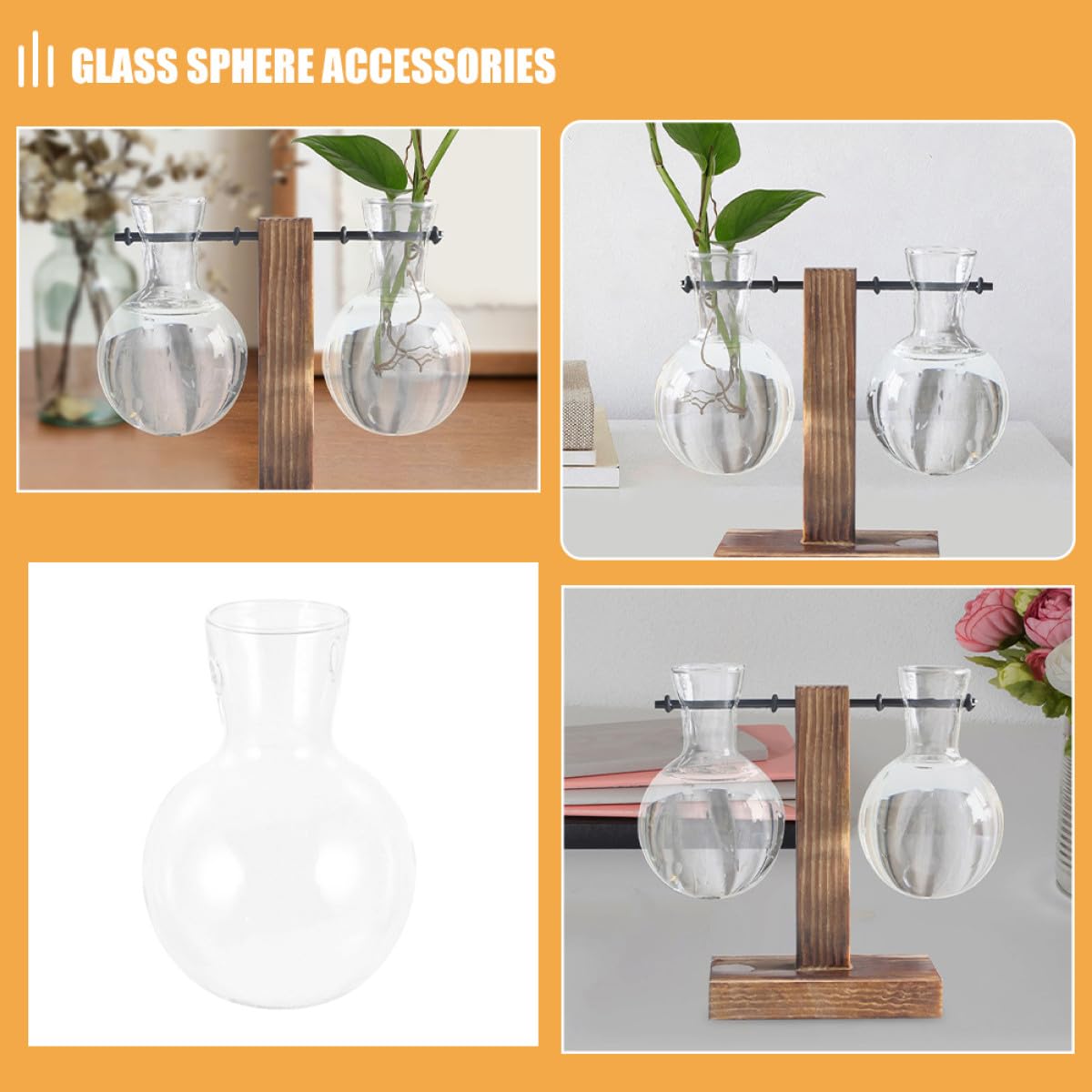 Gatuida 3Pcs Glass Propagation Planter with Wooden Stand, High Borosilicate Glass Vase for Hydroponic Plants, Desktop Terrarium Flower Vase with Hole for Home Décor