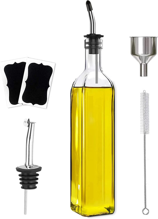TFPOGOLD Olive Oil Dispenser Bottle - 500ml Glass Oil and Vinegar Bottles Set for Kitchen with 2 Stainless Steel Pourers, Funnel, Brush and 2 Labels, Kitchen Oil Bottles with Drip-Free Design