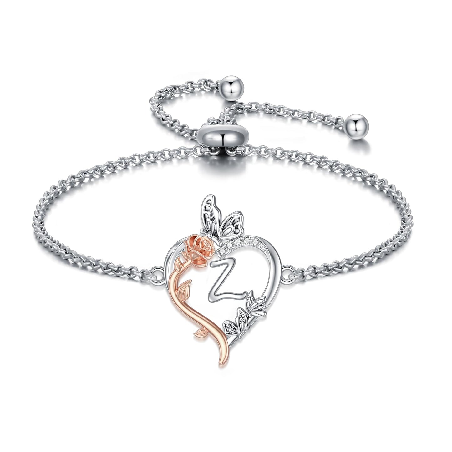 TOUPOP Rose Heart Bracelet for Women Sterling Silver Heart Initial Z Letter Bracelet Butterfly Love Jewelry Anniversary Birthday Mothers Day Gifts for Mom Wife Her Girlfriend