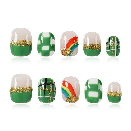Tesytto Extra Short Press On Nails - Nude Base with Green French Tips & Gold Glitter, Hand-Painted Plaid & Rainbow,Easy to Apply & Remove (Size S)