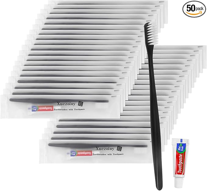 Disposable Toothbrushes with Toothpaste Pack of 50,Black Individually Wrapped Disposable Travel Toothbrush Kit in Bulk for Homeless,Nursing Home,Shelter,Hotel,Charity