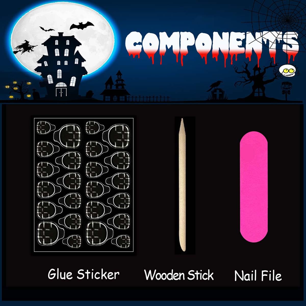 Halloween Green Press on Nails Short Oval Fake Nails Goth Nails Press ons with Zombie Bloodstain Design-Reusable Artificial Nail Full Cover Glossy Glue on Nails Stick on Nails for Women Manicure 24Pcs