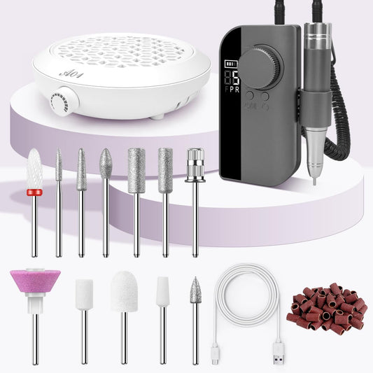 Upgraded 2-in-1 Nail Dust Collector &45000 RPM Professional Electric Nail Drill Kit Tools Accessories Supplies. Vacuum Fan Dust Extractor with Reusable Filter Dust Collector Nail tech