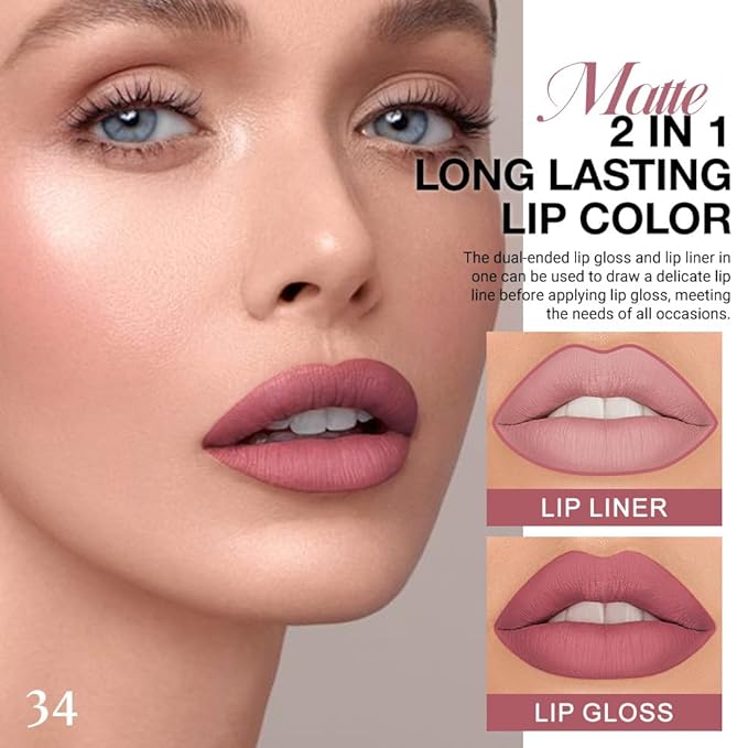 Kaely 2-in-1 Matte Lipstick and Lip Liner, Liquid Lip Stain Makeup for women Long Lasting Waterproof Smudge Proof, labiales matte mate larga duracion listip 24 hours originales, 34 Mauve