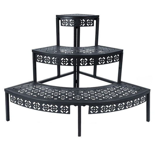 aboxoo 3 Tier Plant Stand Flower Pot Rack, Metal Stair-Step Style Corner Shelf Planters, Quarter Round Display Holder for Indoor Outdoor Use(Black, Semicircle)