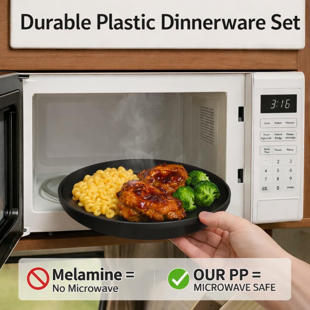 40 Piece Plastic Dinnerware Set for 8 with Cutlery, Unbreakable Plates and Bowls Set, Dishwasher & Microwave Safe Reusable Dish Set for Camping, RV, Outdoor Kitchen, Apartment Dining, Black