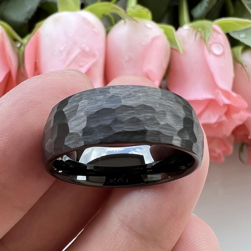 TUTISS 8mm Black Hammered Tungsten Rings for Men Women Fashion Engagement Wedding Bands Domed Matte Finish Comfort Fit Size 6