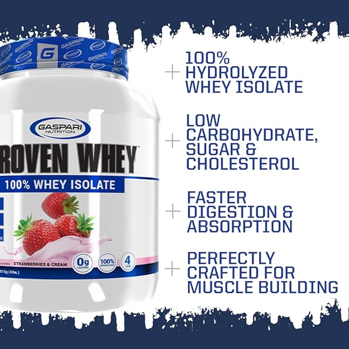 Gaspari Nutrition Proven Whey, 100% Hydrolyzed Whey Isolate, High Protein, Lactose Free, Low Carbohydrate and Low Sugar (4lb, Strawberries & Cream)