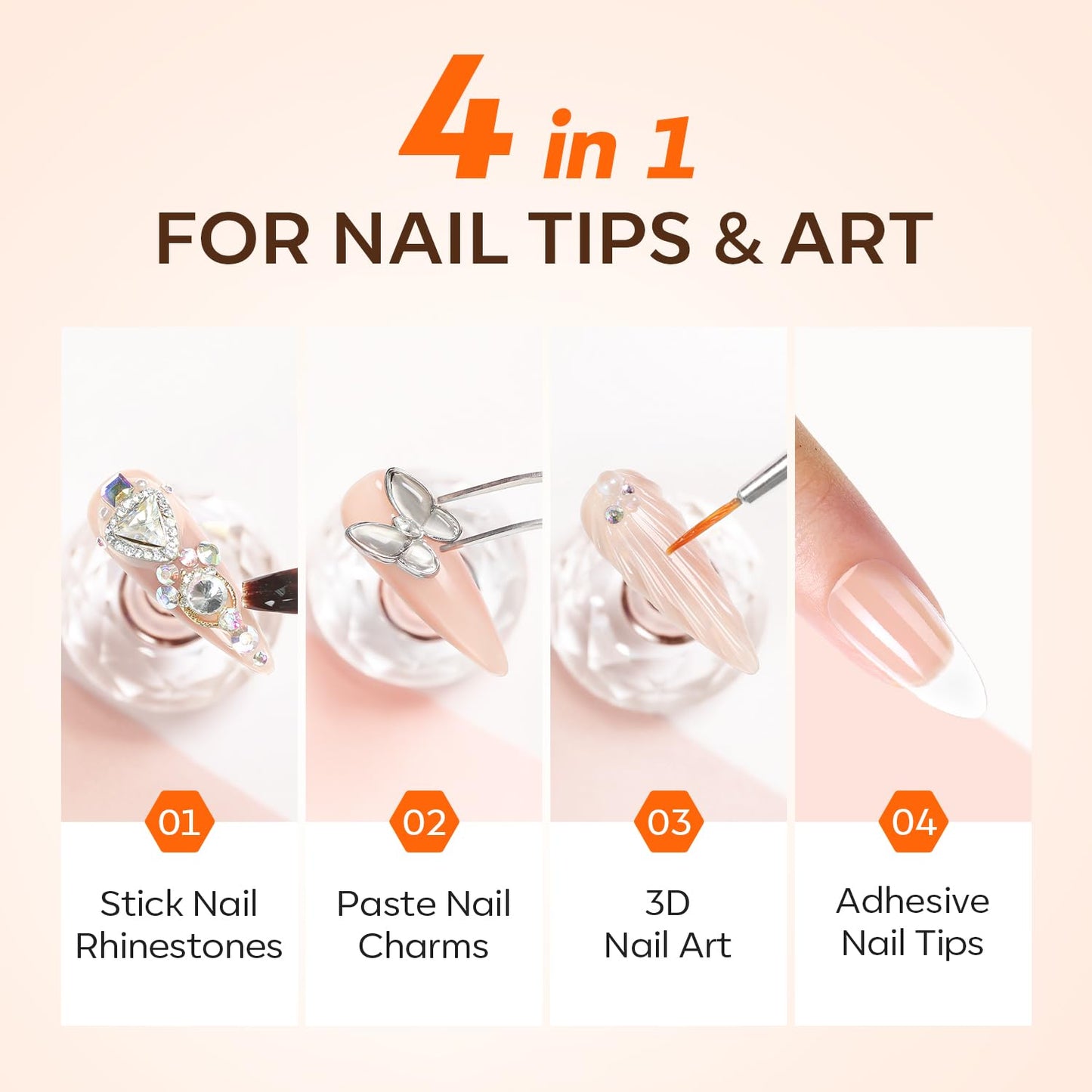 Modelones Manicure Tables Supports Growth 4-in-1 Rhinestone Glue - Super Strong for Press On Nails, Gems, Charms & Rhinestones, No Wipe Nail Art Glue, 30g Cured Needed
