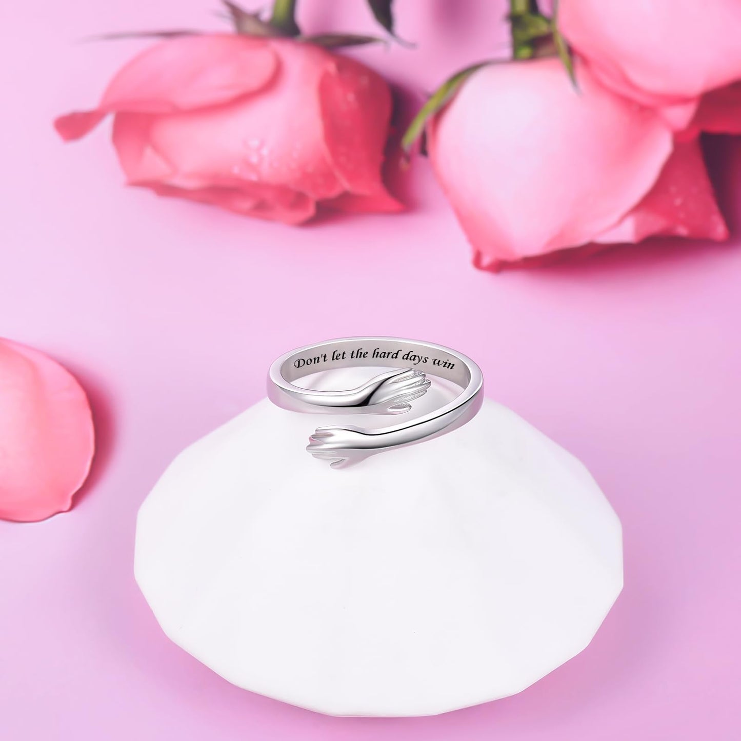ACJFA S925 Sterling Silver Hug Ring for Women Adjustable Thumb Ring Birthday Gifts (Don't let the hard days win)