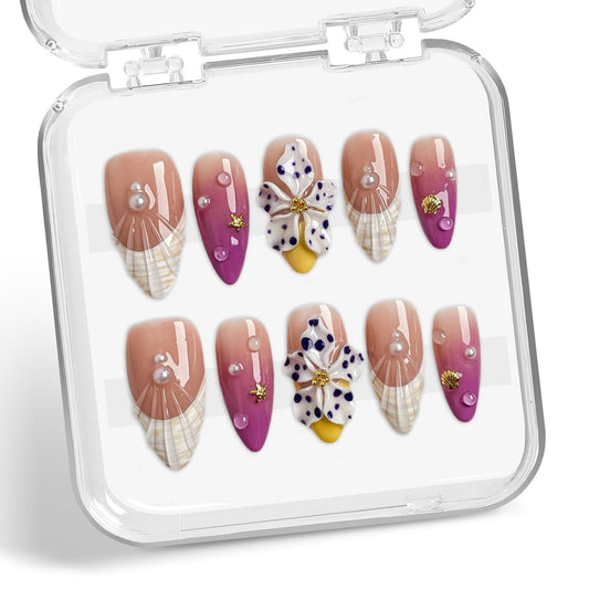 Handmade Press on Nails Purple Gradient Fake Nails French Tip Multi-Layer Gel Acrylic Nail with 3D White Flower & Pearl Designs Full Cover Medium Almond Stick on Nails for Women Nail Art（Size M)