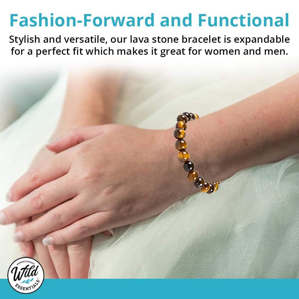 Wild Essentials Tiger Eye Lava Stone Essential Oil Diffuser Bracelet, Expandable up to 8 inches, Aromatherapy Jewelry Gift Set and 100% Pure Oils (Lavender, Lemongrass, Orange and Peppermint)