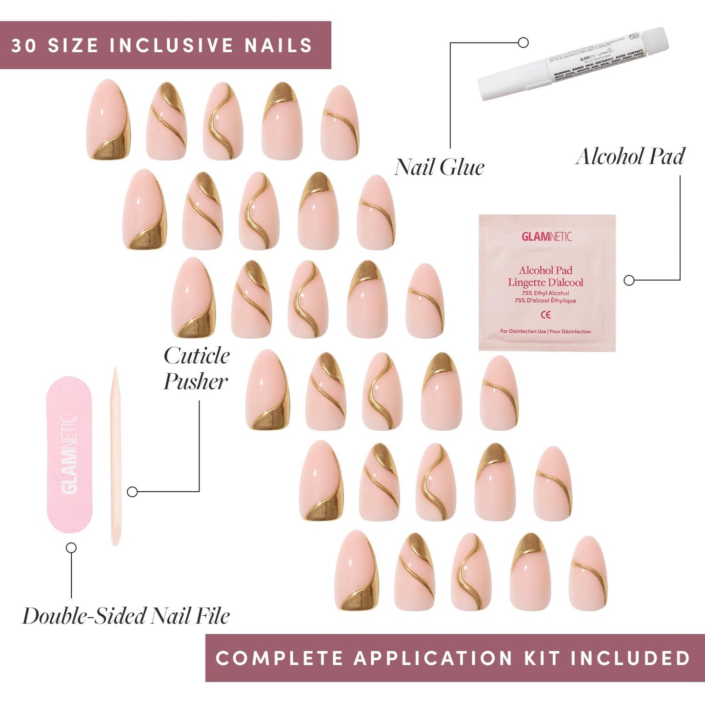 Glamnetic x GLAMZILLA Press-On Nails & Adhesive Nail Tabs - I AM A RICH MAN? | Short Almond Fake Nails with Gold Foil | 15 Sizes - 30 Nail Kit with Adhesive Tabs