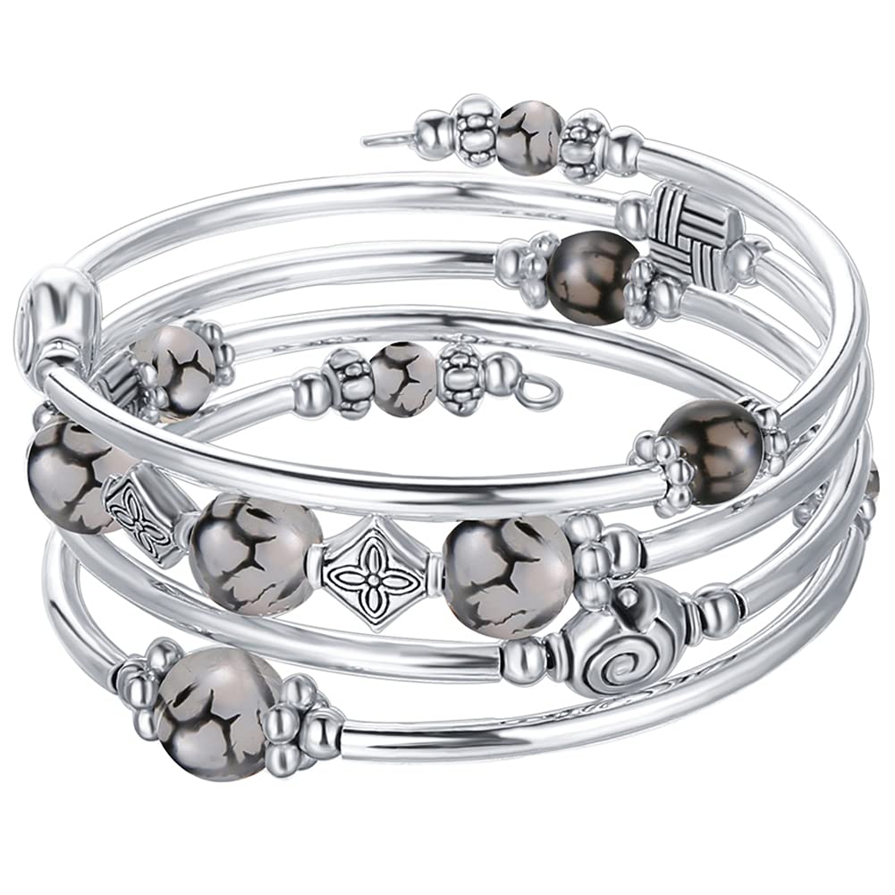 Beaded Pearl Bangle Wrap Bracelet - Fashion Bohemian Jewelry Multilayer Charm Bracelet with Thick Silver Metal Beads, Gift For Women(Grey)