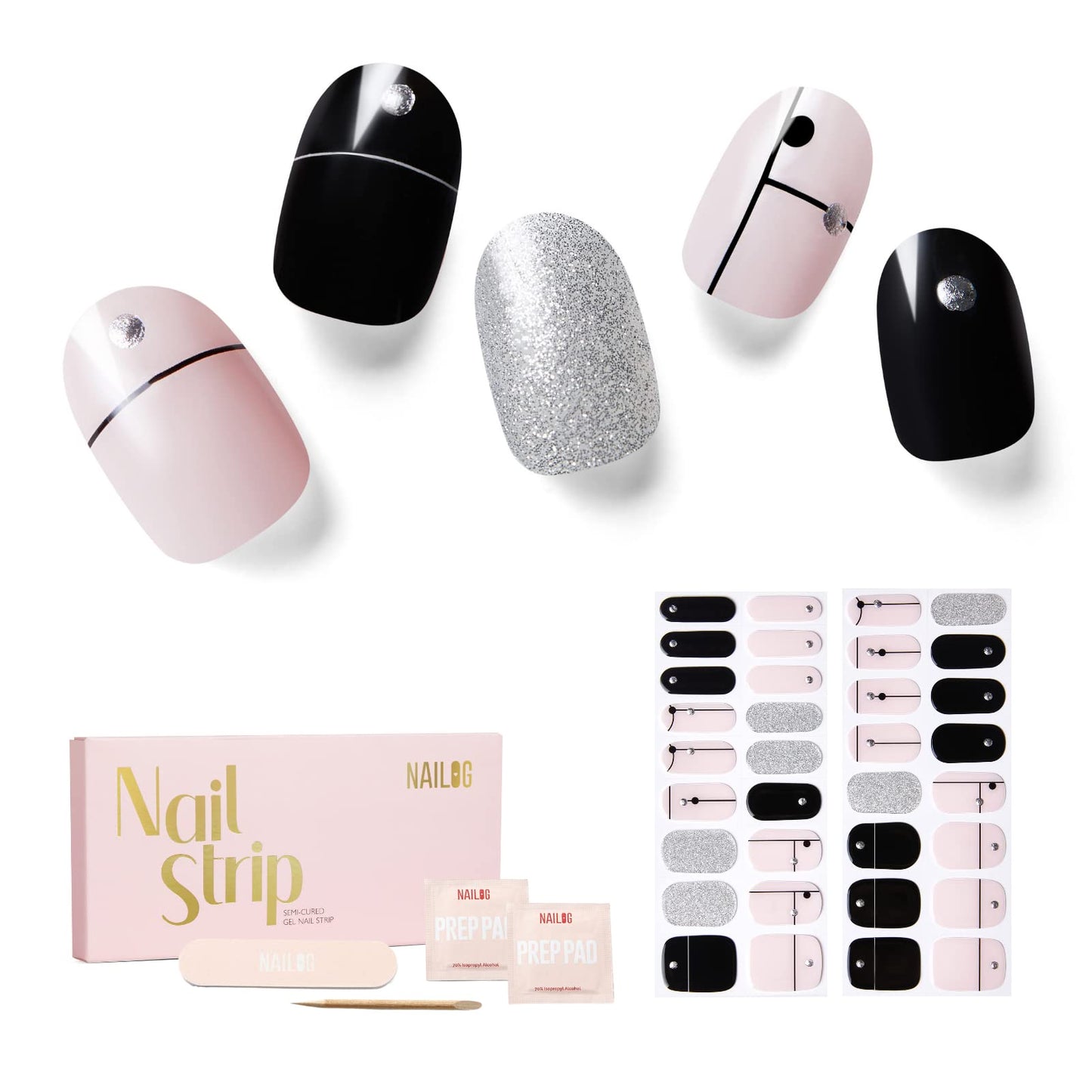 NAILOG Semi Cured Gel Nail Strips 34 pcs, Buy 2 Get 1 UV Lamp, Salon-Quality French Nail Strips with Soft Gel Finish| Timeless Strings