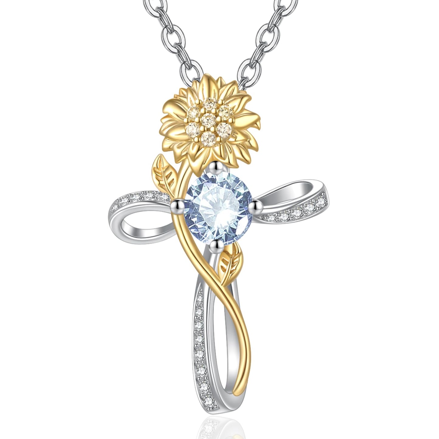 Cross Necklace for Women Sterling Silver Cross Pendant Jewelry with Sunflower Aquamarine March Birthstone Necklace Christian Religious Baptism First Communion Confirmation Birthday Gifts for Women