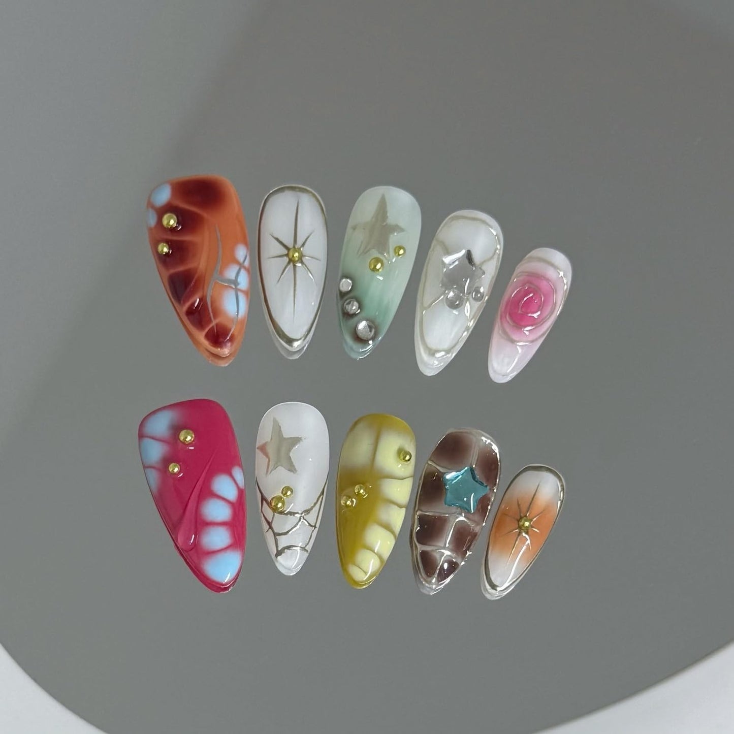 Luxury Press on Nails Medium Almond Handmade 3D Unique Reusable ABS Material Fake Nails Y2K Silver Curve Line False Nails with Designs Stars Art Glossy Glue on Nails Thick Acrylic Nails(S)
