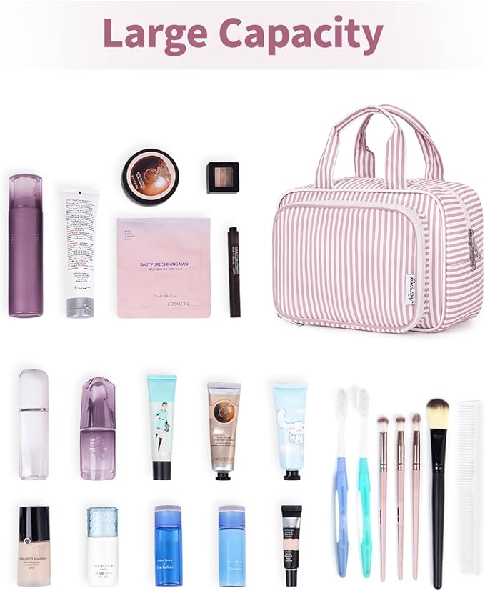 Narwey Large Travel Toiletry Bag for Traveling Women, Cosmetic Makeup Bag Make Up Organizer, Striped Travel Bag for Toiletries with Handle (Dusty Rose Stripe)
