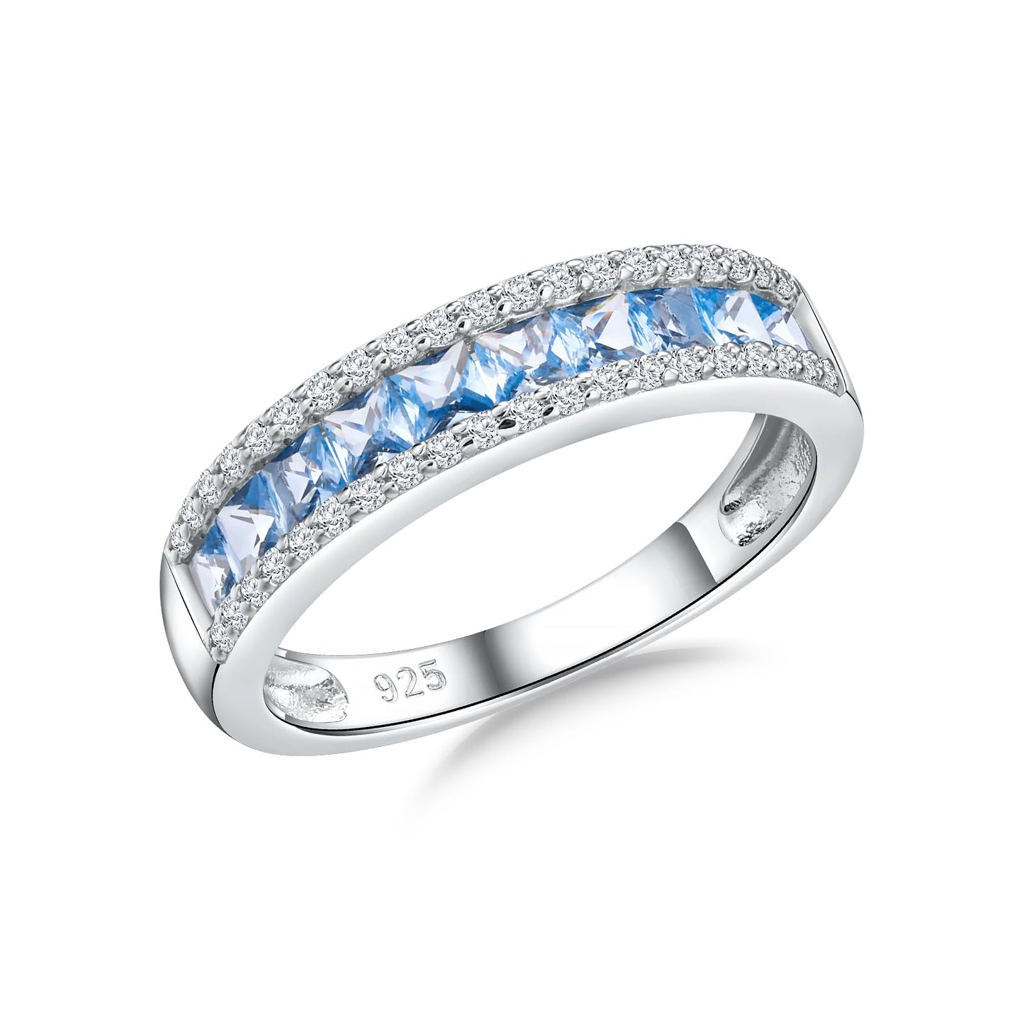 RANDES 925 Sterling Silver Blue Topaz Rings for Women December Birthstone Ring Channel Set Princess Cut Eternity Band Size 10