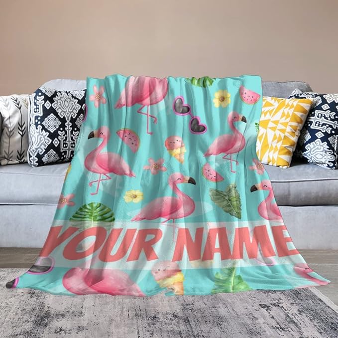 Custom Flamingo Blankets Gifts with Name - 40 x 50 Inches Cute Throw for Kids - Green Warm Furry Plush Flamingo Blankets for Sofa