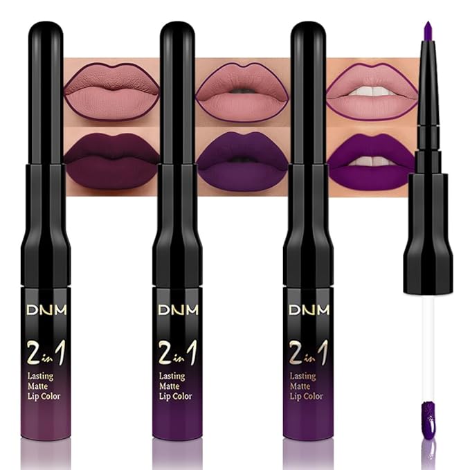 3Pcs 2 in 1 Burgundy Red Black Dark Purple Matte Lip Liner and Liquid Lipstick Stain Makeup Set for women, Long Lasting Smudge Proof Lip Tint Matte Finish Lip Gloss for All-Day Color Hold, Set28