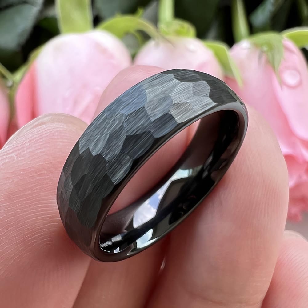 TUTISS 6mm Black Hammered Tungsten Rings for Men Women Fashion Engagement Wedding Bands Domed Matte Finish Comfort Fit Size 9.5