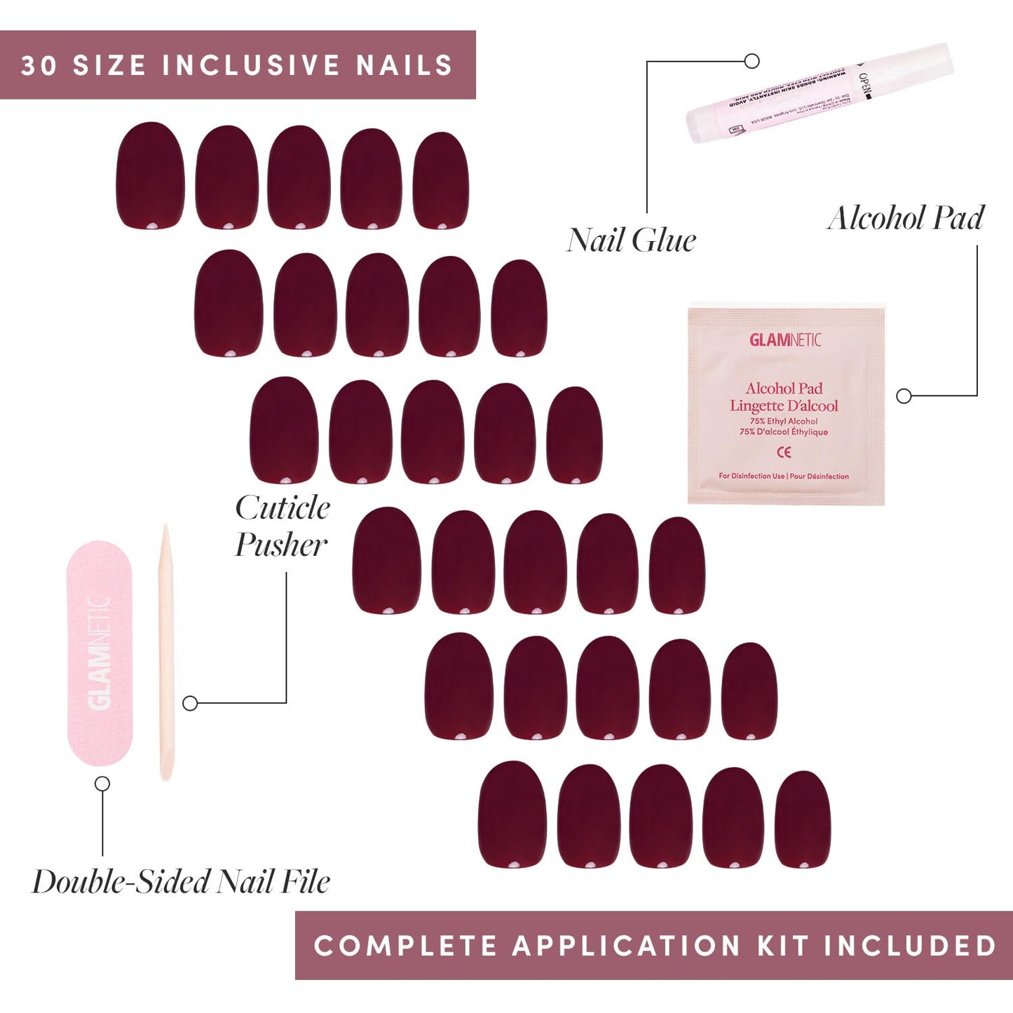 Glamnetic Press-On Nails Bundle - Château, Berry Maroon & Fall Mauve | Semi-Transparent Dark Green French Tip Almond False Nails | Dark Red Round Fake Nails | Muted Blush Mauve Short Oval