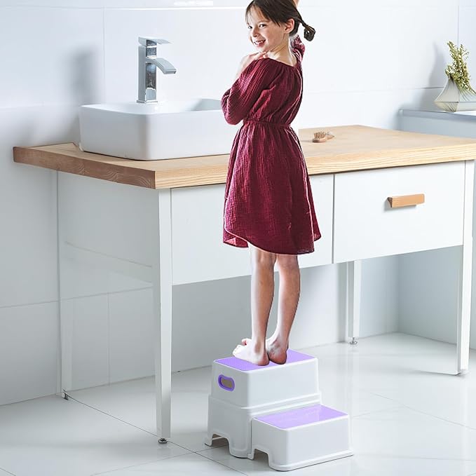 Victostar Toddler Step Stool,2 Kids Step Stool for Bathroom Sink,Baby Potty Stool with Anti-Slip Surface and Rubber Bottom,Plastic Stool with Handle for Toilet Potty Training Bathroom Kitchen