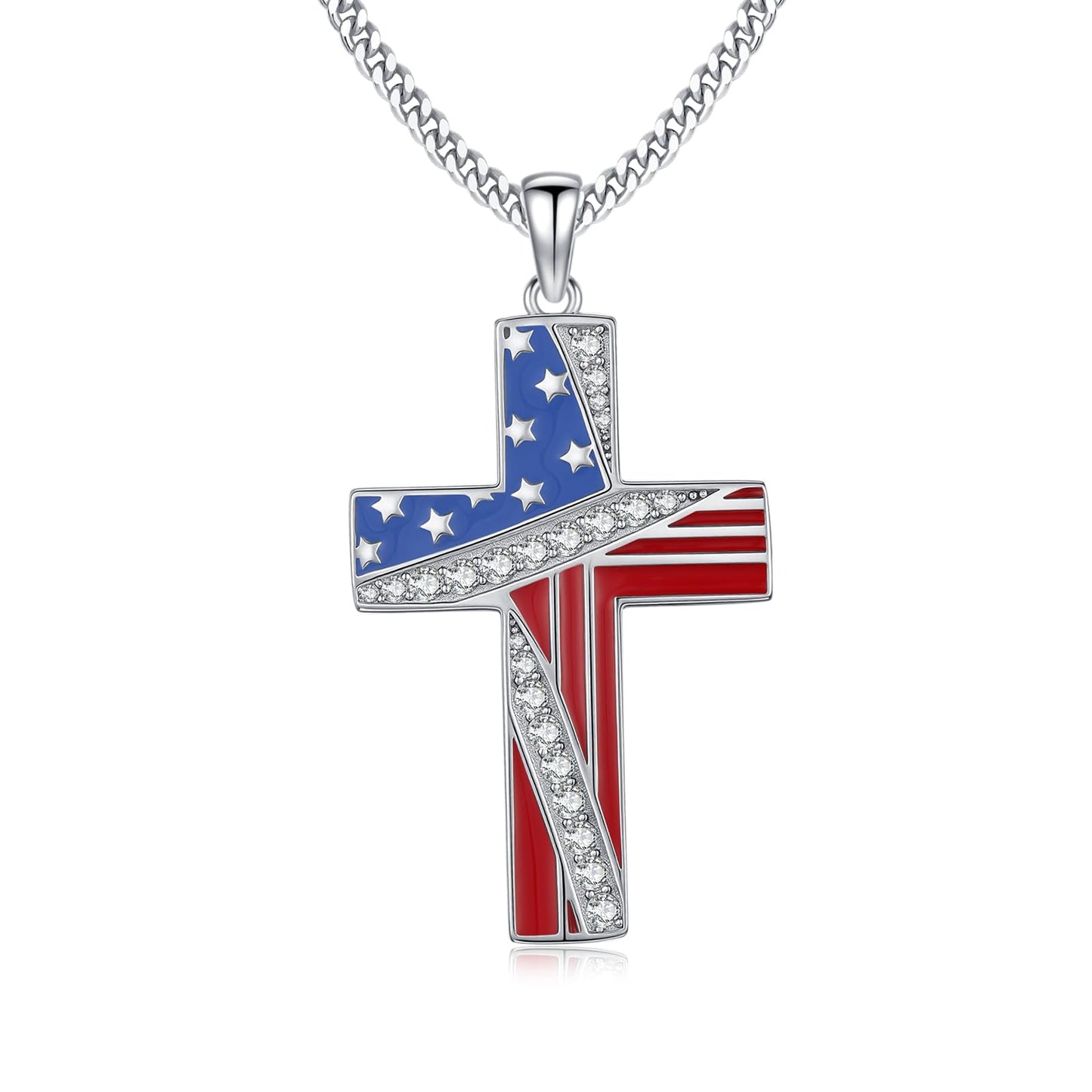 YEESIA American Flag Cross Necklace for Men Women 925 Sterling Silver Patriotic Pendant Necklace Christian Jewelry Gift for Men Women
