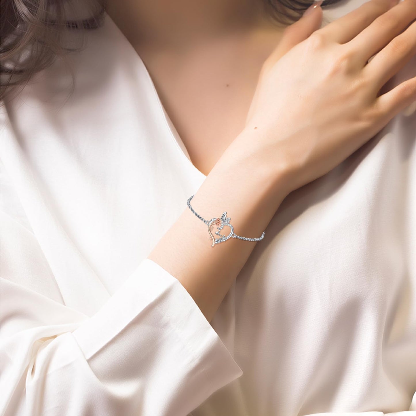 TOUPOP Rose Heart Bracelet for Women Sterling Silver Heart Initial L Letter Bracelet Butterfly Love Jewelry Anniversary Birthday Mothers Day Gifts for Mom Wife Her Girlfriend